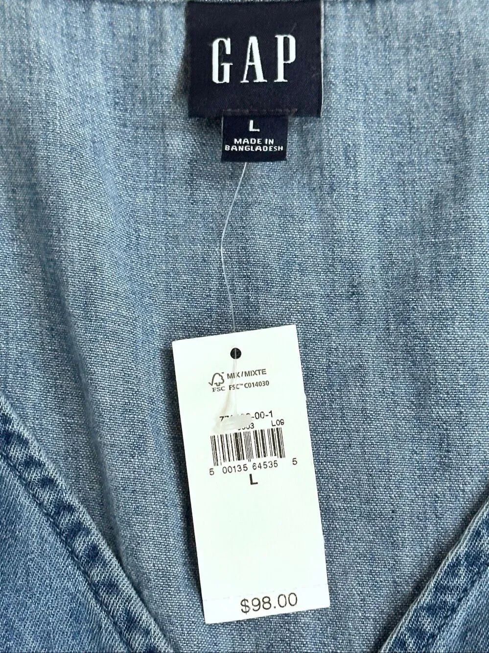GAP NWT Chambray Denim Asymmetrical Midi Dress V-Neck Blue L Coastal Prairie - Picture 10 of 16